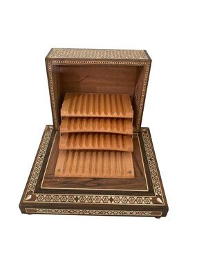 Vintage Inlayed Wood Music Box Cigarette Dispenser